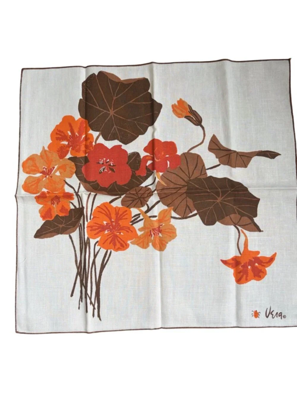 Vintage Vera Neumann Floral Napkins Set Of 4 White Orange Brown Cotton Ladybug